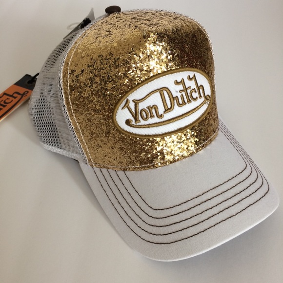 Von Dutch Accessories - Von Dutch gold sparkle white patch trucker hat